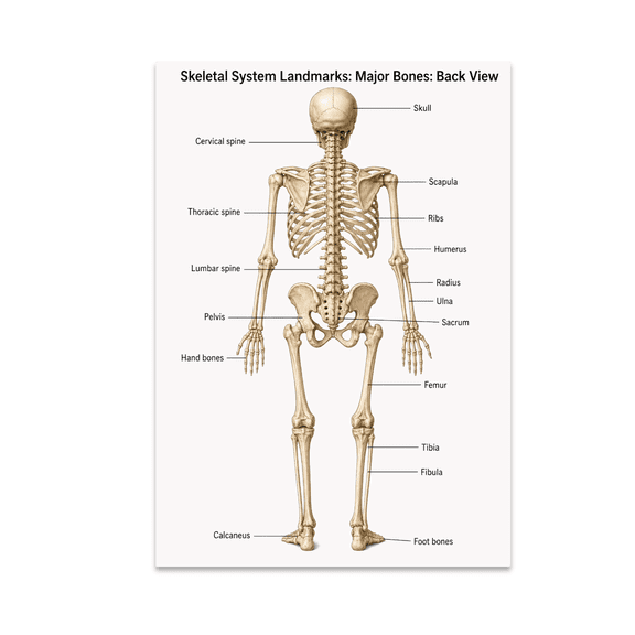 Skeletal System Landmarks Major Bones Back View - Science Learner - 13x19 Poster Print
