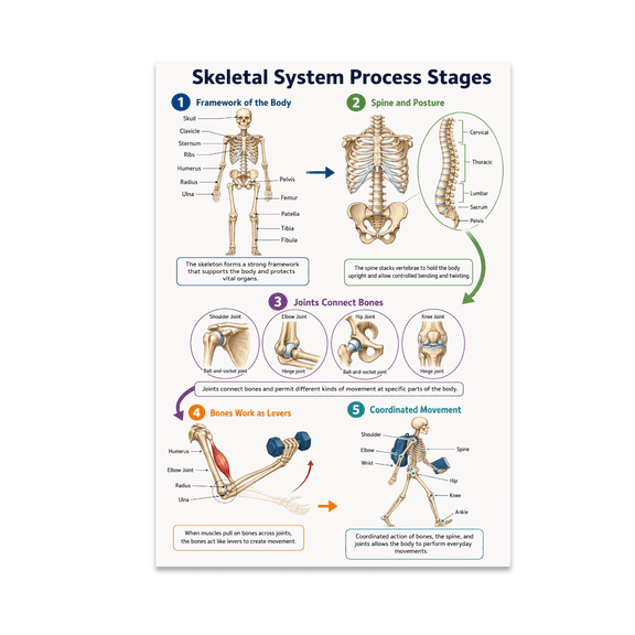 Skeletal System Process Stages Poster, Anatomy Education, Health Classrooms, and Science Enthusiasts, 13x19 Glossy Paper