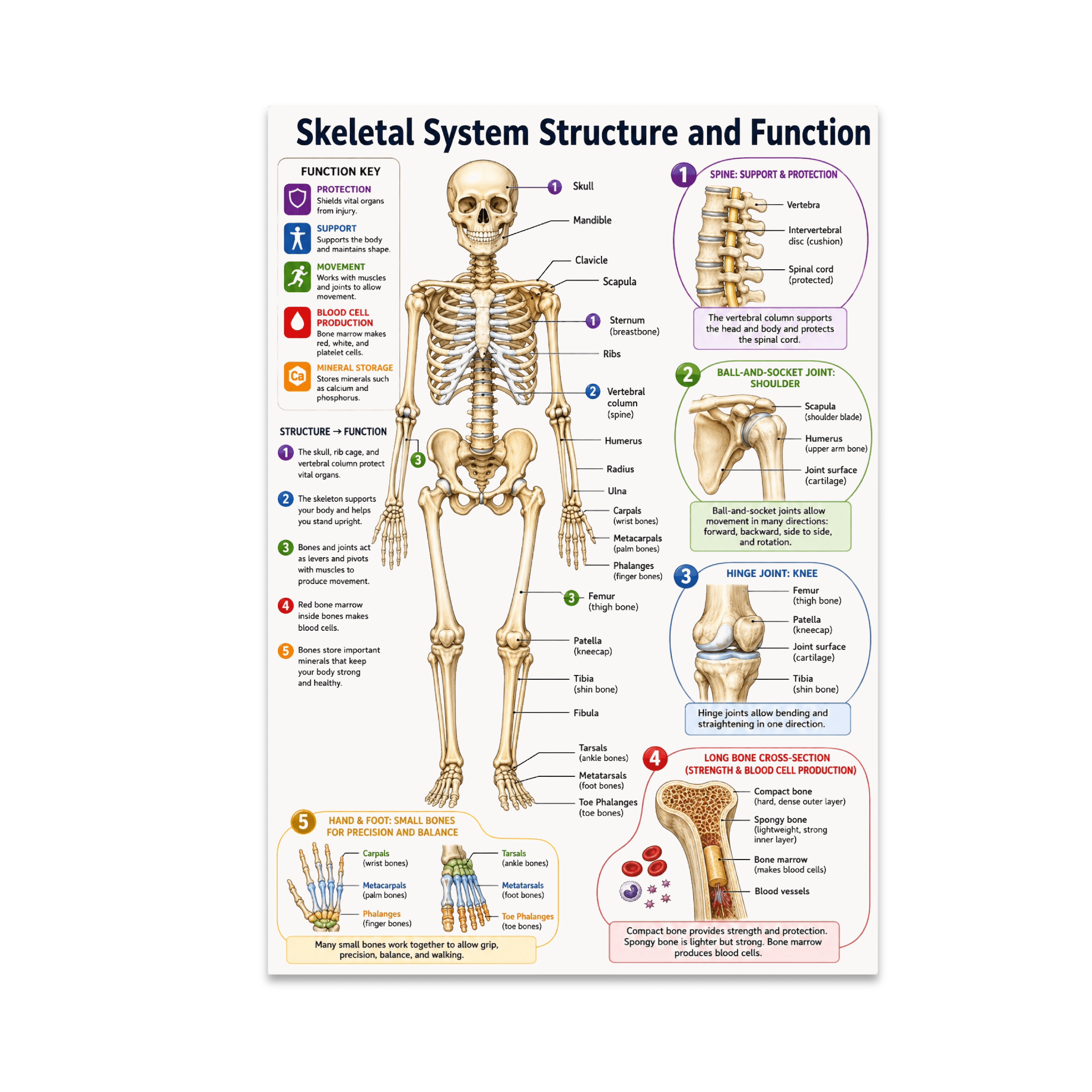 Skeletal System Structure and Function Poster, Anatomy Education ...