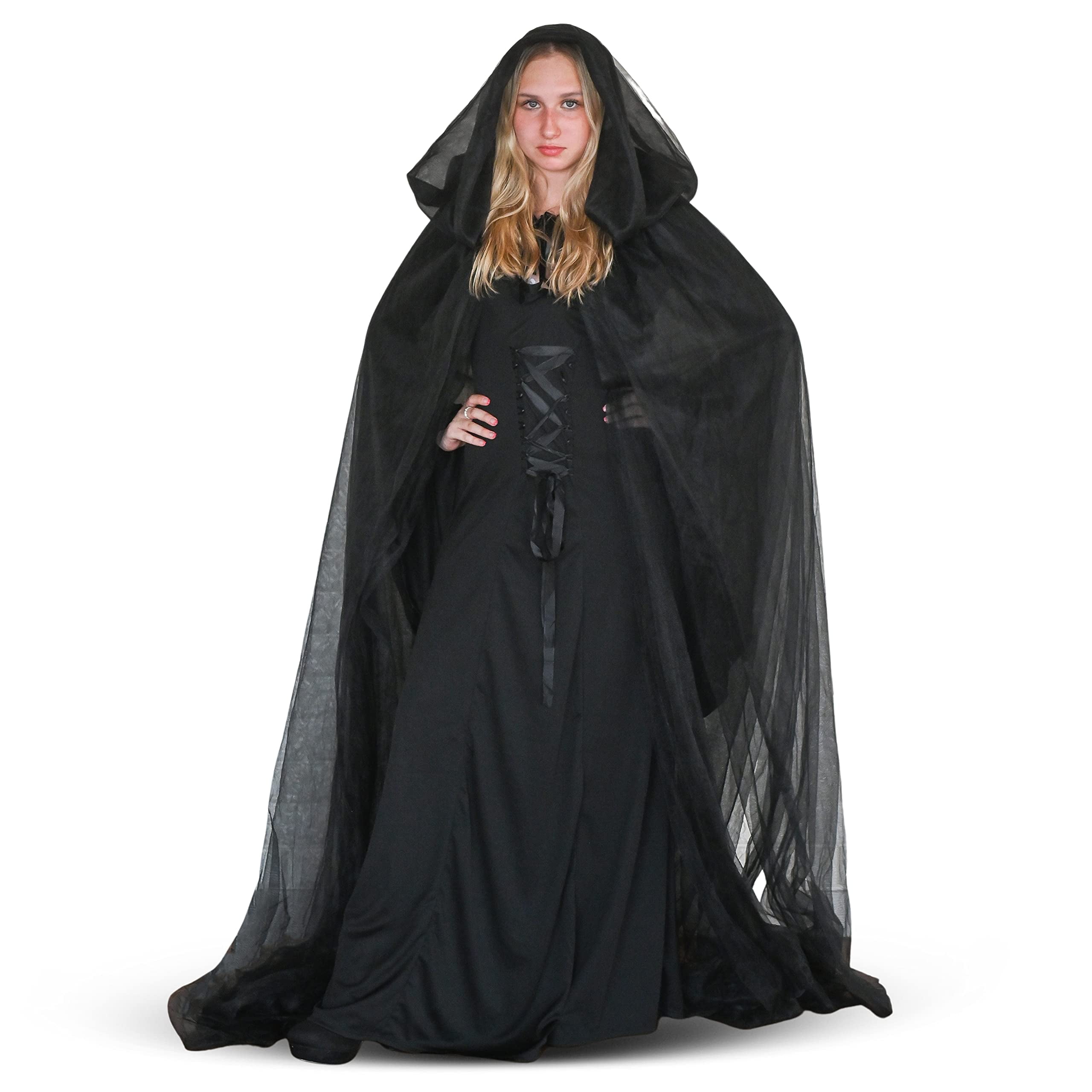 Skeleteen Black Hooded Tulle Cape Long Chiffon Medieval Net Robe