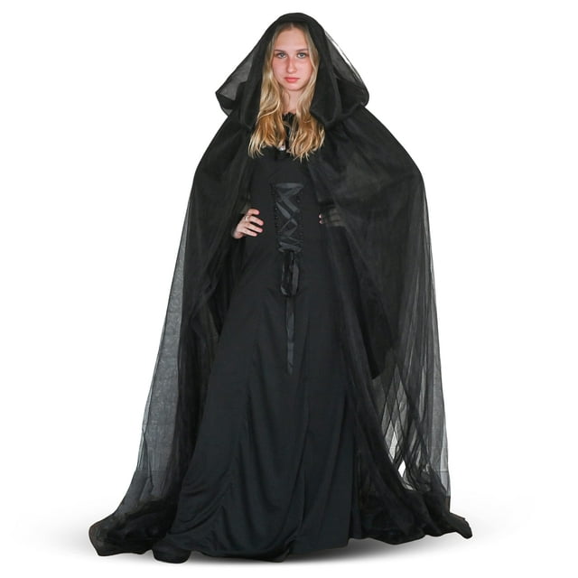 Skeleteen Black Hooded Tulle Cape - Long Chiffon Medieval Net Robe ...