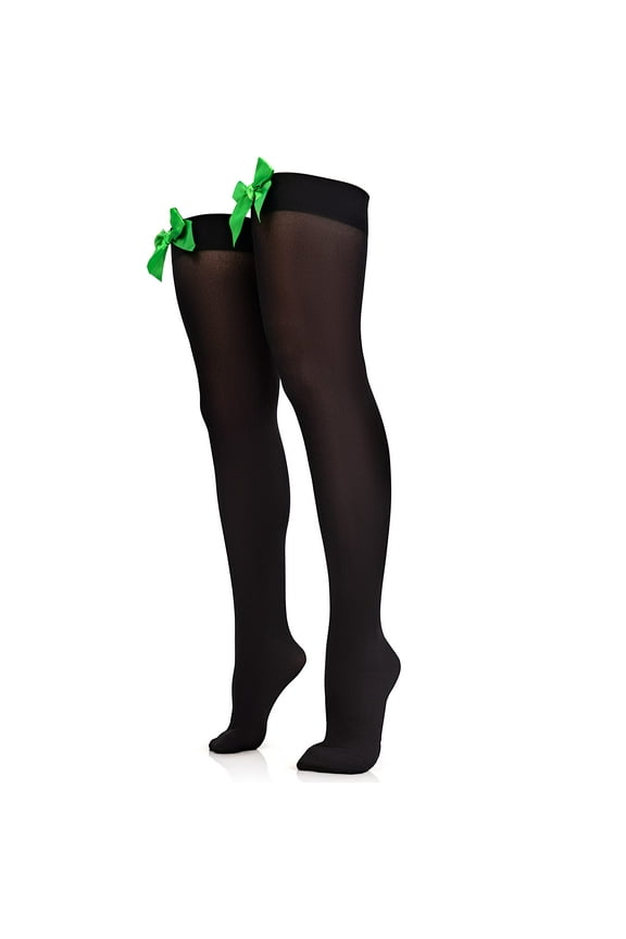 Bow Accent Thigh Highs - Black Over the Knee High Stockings with Green Satin Ribbon Bow Accent for Women and Girls