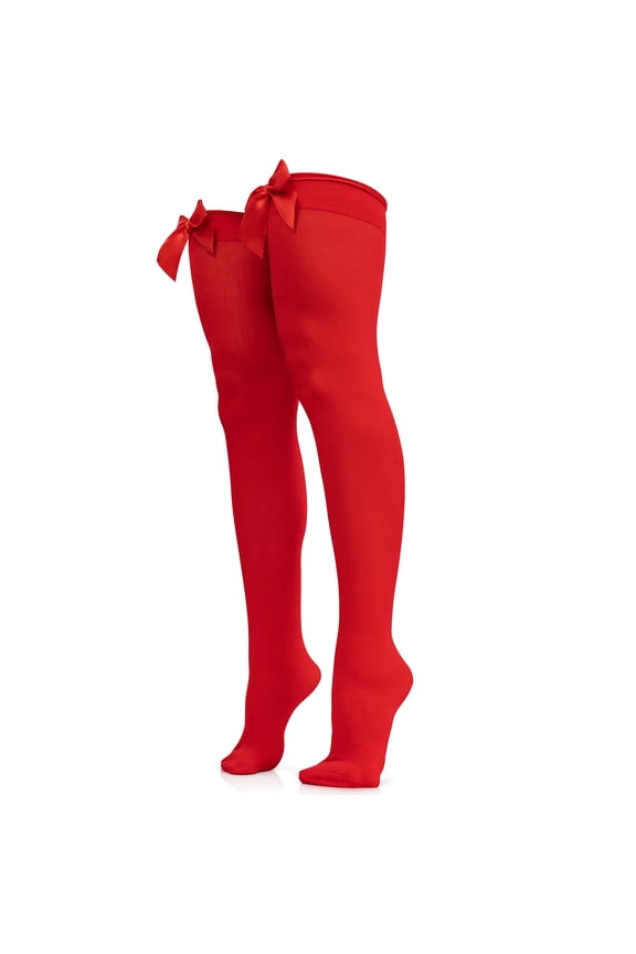 Bow Accent Thigh Highs - Red Over The Knee High Stockings with Red Satin Ribbon Bow Accent for Women and Girls