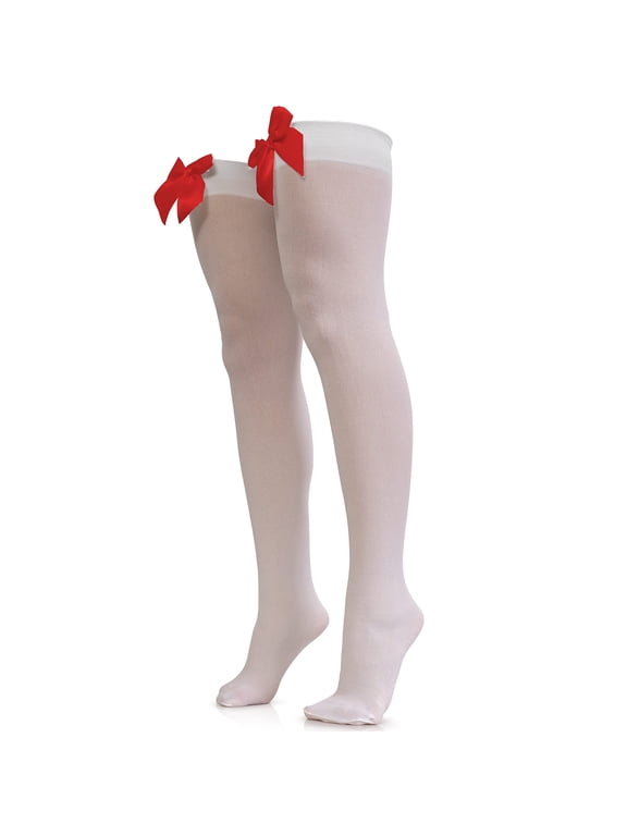 Bow Accent Thigh Highs - White Over the Knee High Stockings with Red Satin Ribbon Bow Accent for Women and Girls