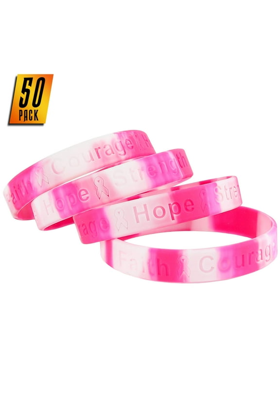 Breast Cancer Awareness Bracelets - Pink Ribbon Camouflage Silicone Rubber Cancer Support Bulk Party Giveaways Favors - Lot of 50