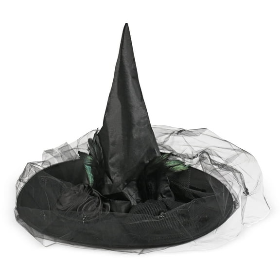 Skeleteen Deluxe Pointed Witch Hat - Glamorous Black Witches Accessories Fancy Satin Hat with Bow, Spiders and Black Feathers