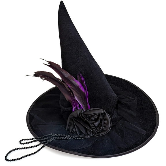 Skeleteen Deluxe Pointed Witch Hat - Glamorous Black Witches Accessories Fancy Velvet Hat with Flowers, Beads and Purple Feathers