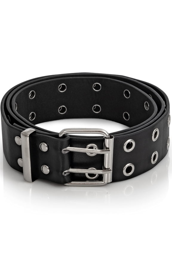 Double Grommet Punk Belt - Black Faux Leather 2 Prong and Holes Aesthetic Grunge Belts for Men Women and Kids - Size Small (large)