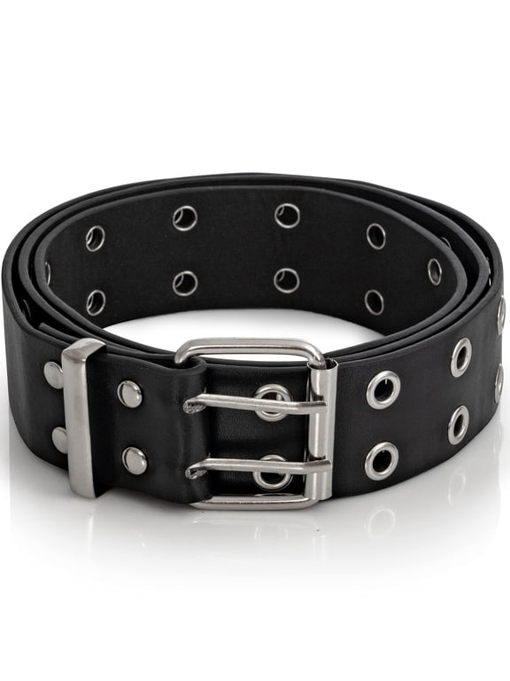 Double Grommet Punk Belt - Black Faux Leather 2 Prong and Holes Aesthetic Grunge Belts for Men Women and Kids - Size Small (small)