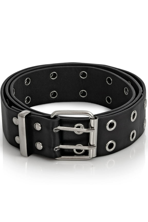 Double Grommet Punk Belt - Black Faux Leather 2 Prong and Holes Aesthetic Grunge Belts for Men Women and Kids - Size Small (small)