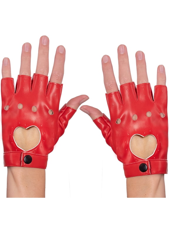 Fingerless Biker Jazz Gloves - 80s Style Gothic Red Faux Leather Punk Biker Gloves with Heart Cutout for Women and Kids