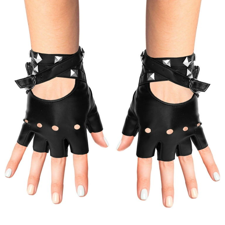 Adult Faux Leather Studded Fingerless Gloves, Black/Silver, One Size,  Wearable Costume Accessory for Halloween