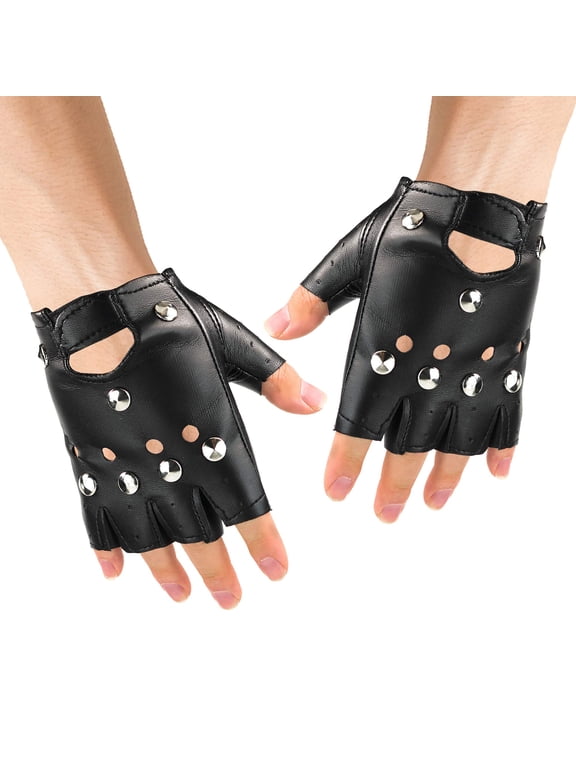 Gothic Fingerless Biker Gloves - 80s Style Black Leather Punk Biker Gloves with Studs for Men Women and Kids