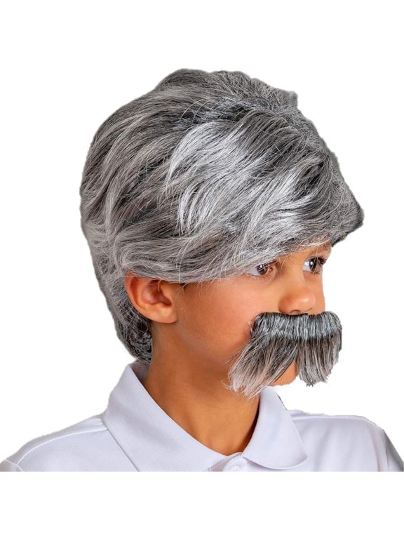 Grey Wig and Mustache - Salt and Pepper Hair Old Person Grandpa Wigs and Mustache Old Man Costume Accessories Set for Boys and Girls
