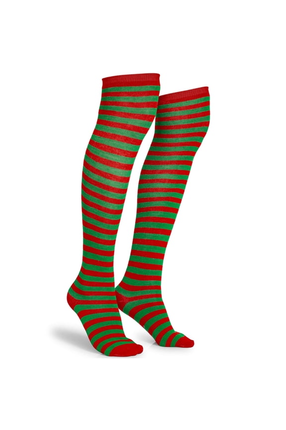 Red and Green Socks - Over The Knee Elf Striped Thigh High Costume Accessories Stockings for Men, Women and Kids