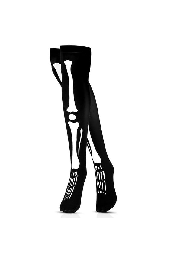 Skeleton Thigh High Socks - Goth Costume Bone Over The Knee High Sock Anatomical Skeletal Spooky Tight Stockings - 1 Pair