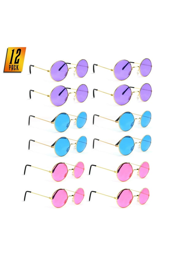 Tinted Round Hippie Glasses Pink Purple and Blue 60's Style Hipster Circle Sunglasses - 12 Pairs