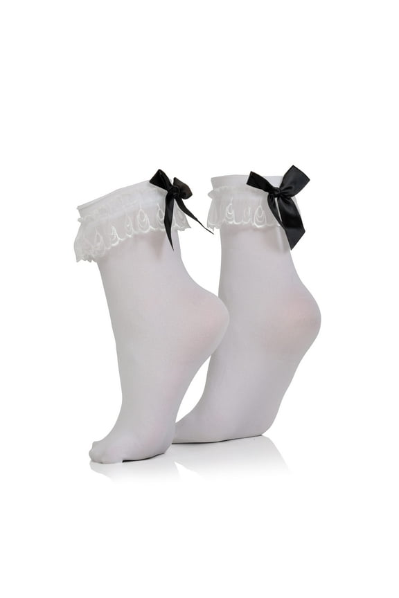 White Ruffled Anklet Socks - Frilly White Opaque Lace Ruffles Top Trim Bobby Sock With Black Satin Back Bow