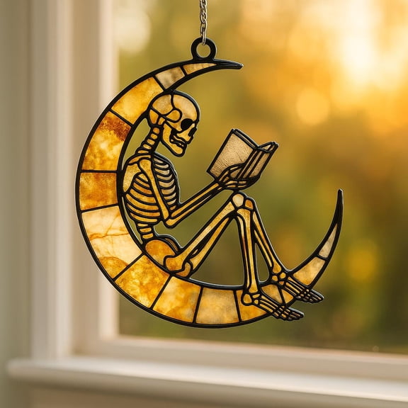 Skeleton Acrylic Suncatcher, Reading Skeleton Ornament, Spooky Stained Glass Window Hanging, Book Lover Decor, Halloween Suncatcher