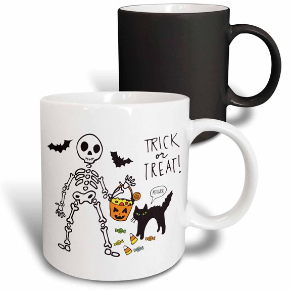 3drose, Skeleton and Cat Trick or Treat, 11oz Magic Transforming Mug
