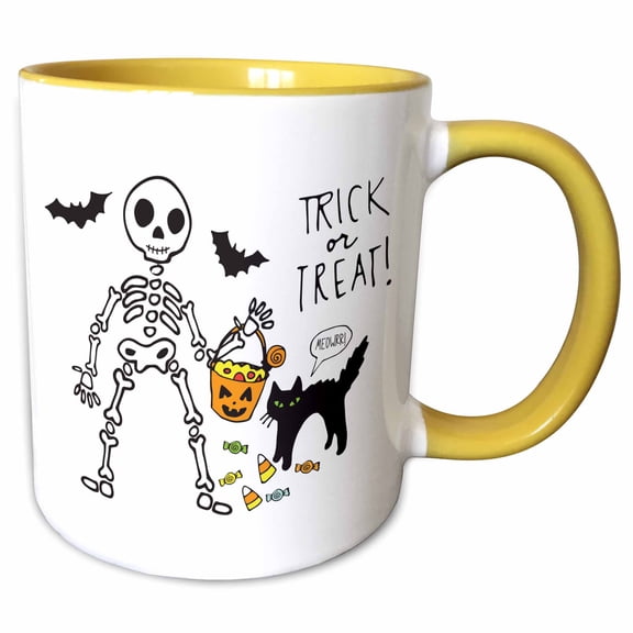 3drose, Skeleton and Cat Trick or Treat, 11oz Two-tone Yellow Mug