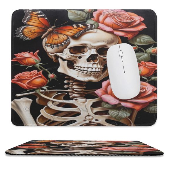 Skeleton And Rose Print Mouse Pad with Stitched Edge,Premium-Textured Mouse Mat, Non-Slip Rubber Base Mousepad for Laptop, Computer & PC 10"x12"