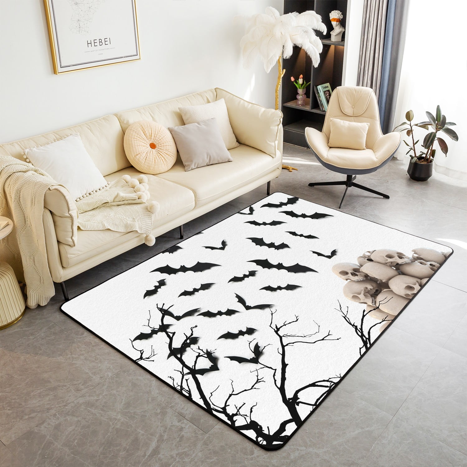 Skeleton Area Rug for Bedroom, Sugar Skull Head Living Room Rugs 3x5, Halloween Skeleton Carpet