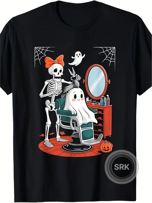 Skeleton Barber Cutting Ghost Hair Halloween Vintage Graphic Crewneck Cotton Unisex T-Shirt