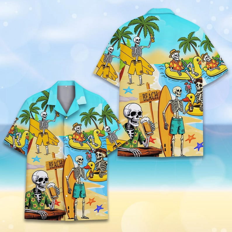 Skeleton Beach Hawaiian Shirt Men Women, Funny Tropical Island Summer ...