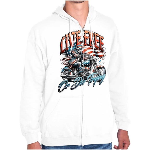 Skeleton Biker Live Free Die Trying Zip Up Hoodie Men's Women's Brisco Brands L
