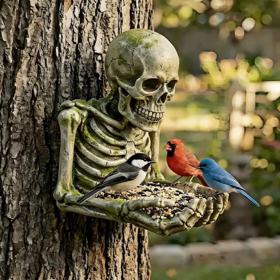 Skeleton Bird Feeder, Waterproof Resin Garden Statue with Hidden Keyhole Hanger, Tree & Wall Mounted Wildlife Decor, Perfect Gift for Birdwatchers
