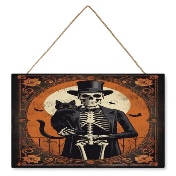 Skeleton With Black Cat Wooden Hanging Sign Gothic Home Decor Horror Skeleton Wall Decor All Saints' Day Decor Halloween Decoration Halloween Door Sign, Walls Hanging Decor 10"x16"