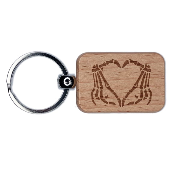 Skeleton Bone Hands Making Heart Rectangle Keychain Charm Tag - Engraved Wood