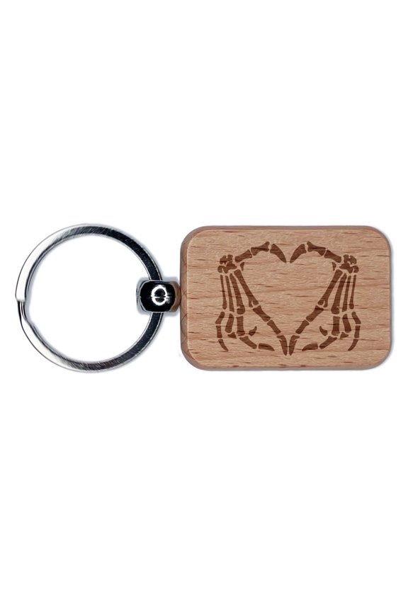 Skeleton Bone Hands Making Heart Rectangle Keychain Charm Tag - Engraved Wood