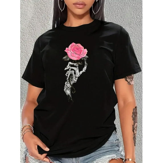 Skeleton Bones Hand Pastel Pink Rose Flower Valentine's Day T-Shirt Print Crew Neck T-Shirt, Women Graphic T Shirts, Casual Short Sleeve T-Shirt For Spring & Summer
