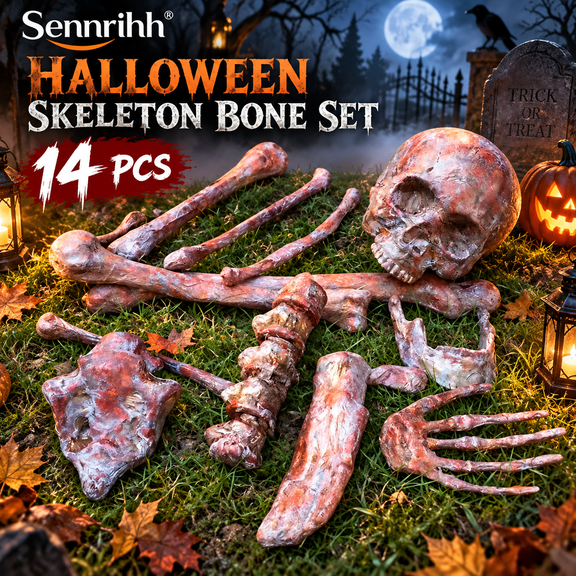 Skeleton Bones and Skull Halloween Decorations, Realistic Human Bone Prop Set for Graveyard, Haunted House, Yard, Lawn & Party, 14PCS/28PCS