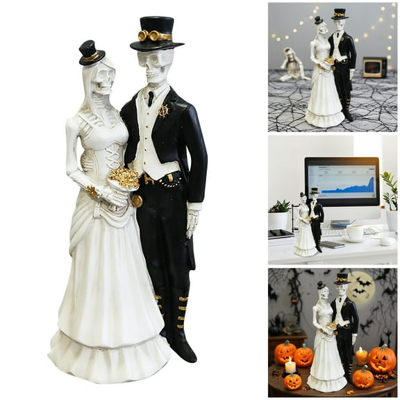 Skeleton Bride and Groom Halloween Decor - Terrifying Dancing Couple Statue, Gothic Wedding Cake Topper for Day of The Dead, Spooky Party Supplies, Haunted House & Graveyard Decoration Props