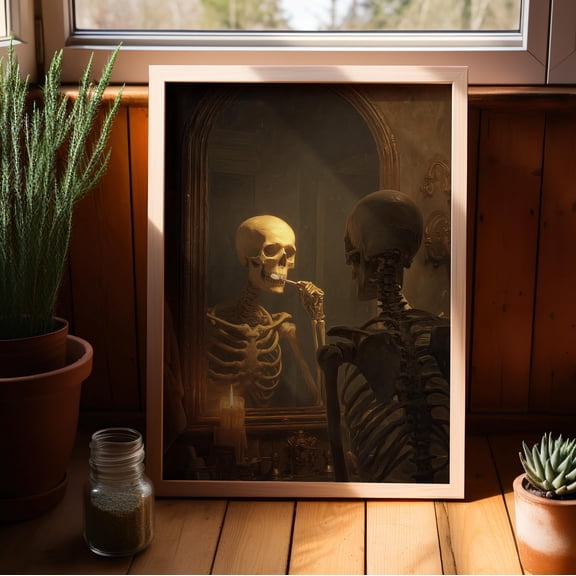 Skeleton Brushing Teeth Vintage Gothic Bathroom Art, Funny Halloween Print, Spooky Dark Academia Powder Room Decor Wall Art Poster , Poster Print Only