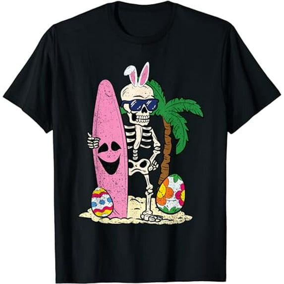 Skeleton Bunny Ears Surfer Easter Egg Hunting Surfing T-Shirt