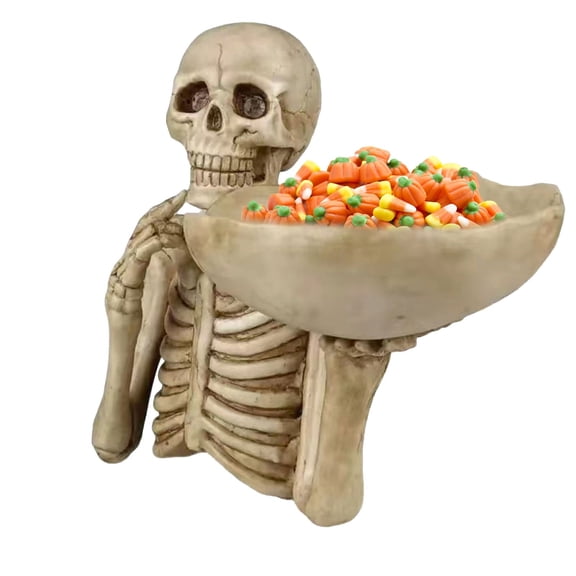 Skeleton Bust Resin Tray Figurine Half Body Statue with Holding Serving Tray Spooky Gothic Halloween Tabletop Decor for Candy Jewelry Key Storage Display
