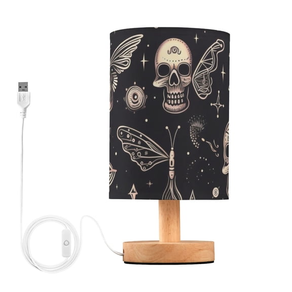 Skeleton and Butterfly Bedside Table Lamp LED Warm Lights with USB Charging Port Retro Cylinder Desk Lamps for Bedroom Living Room Office Coffee Bar Decoration