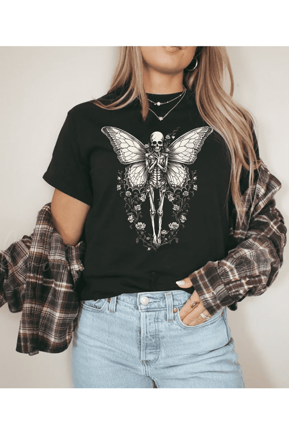 Skeleton Butterfly Fairy Grunge Goth Art Graphic Aesthetic Unisex T-Shirt V14742, up to Size 5XL