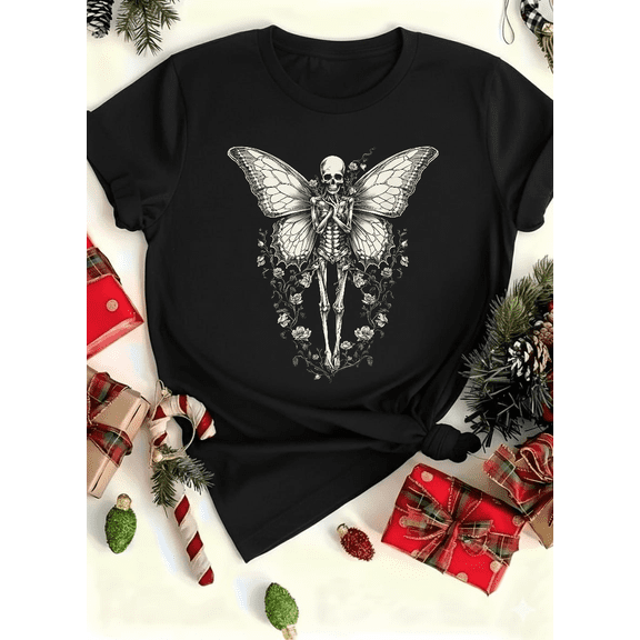Skeleton Butterfly Fairy Grunge Goth Fantasy Art Graphic Unisex T-shirt V14742, up to size 5XL