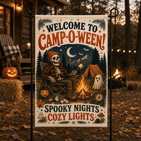 Skeleton Camping Garden Flag, Camp-O-Ween Halloween Yard Decor for Campers