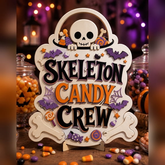 Skeleton Candy Crew Wooden Sign Halloween Tabletop Decor for Parties