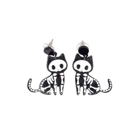 Skeleton Cat Earrings Costume Accessory for Adults, Black and White, Halloween by Way To Celebrate