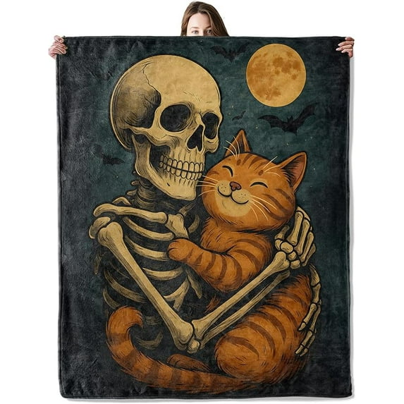 Skeleton Cat Halloween Blanket, Flannel Blankets Gifts for Boys Girls Adults, Warm Cozy Soft Fuzzy Throw for Couch, Bed, Room Decor 50x60 in
