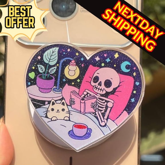 Skeleton Cat Reading Magnetic Phone Grip: Cozy Spooky MagSafe , Cute Bookish Phone Holder, Fun Gift For Readers and Bookworms
