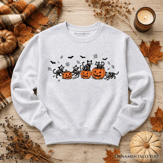 Skeleton Cats and Pumpkins Sweatshirt, Spooky Halloween Black Cat Sweater