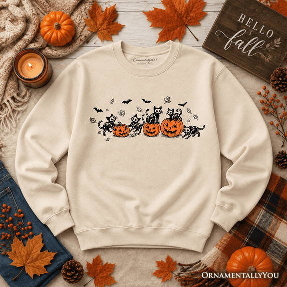 Skeleton Cats and Pumpkins Sweatshirt, Spooky Halloween Black Cat Sweater